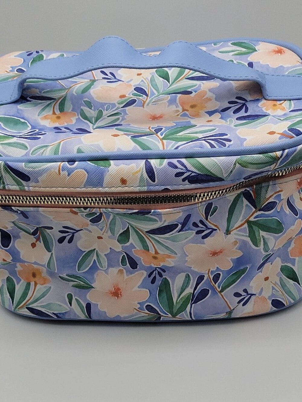 OCS Designs Floral Fabric Makeup Bag Blue Green Peach Zipper Handle, glitter